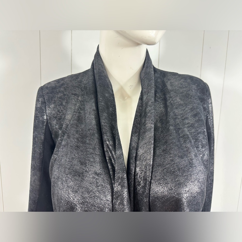 Cache Sz S Black Coated Drape Open Front Cardigan Sweater Side & Sleeve Zip - Picture 2 of 13